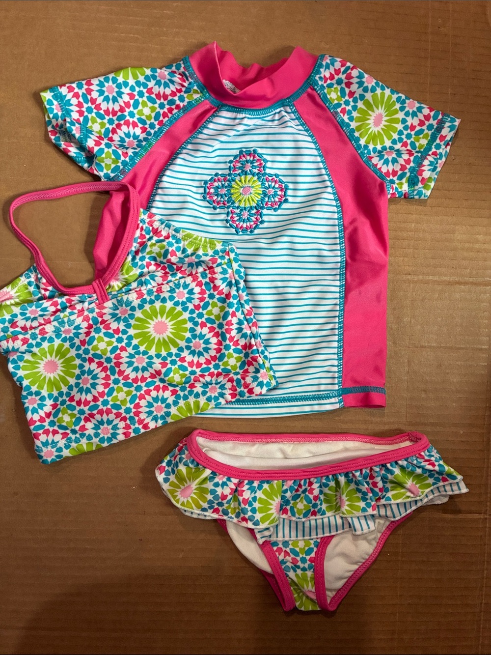 6️⃣ Toddler Girls' Pink Floral Stripe Rashguard Swim Set